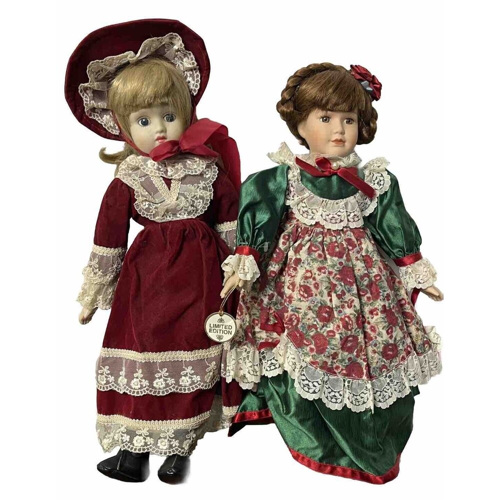 Christmas Doll Porcelain Blonde Blue Eye Doll Brunette Braids Limited 18" Lot 2